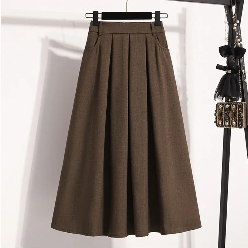 Solid Color Versatile Medium Length Skirt Pleated  A-Line Maxi Gown Cover Hip Spring Summer New 2026 Style Half-length Skirt