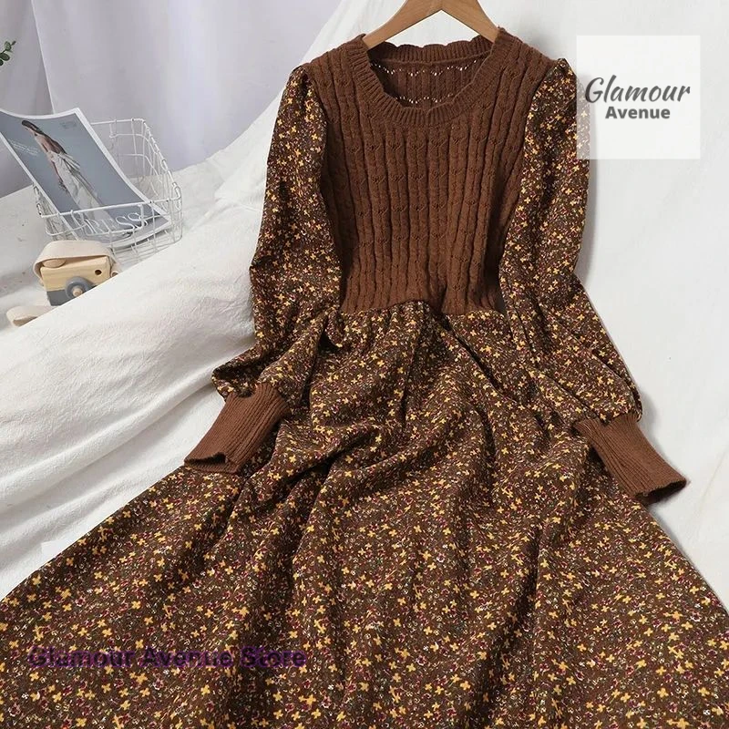 Falda larga de punto ajustada con tirantes de costura de estilo coreano para mujer, vestido floral informal de pana Joker a la moda para otoño e invierno