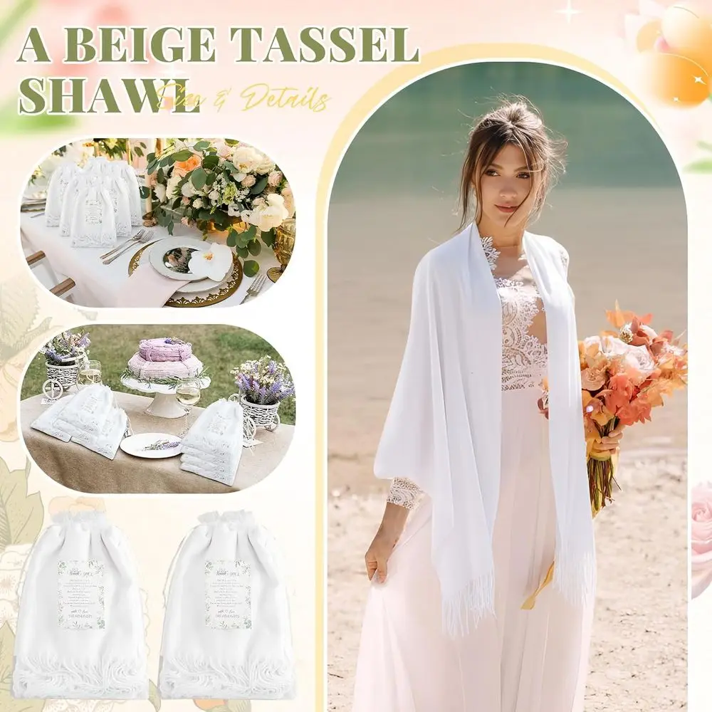 مجموعة شال أنيقة مع بطاقات كبيرة وحقيبة أورجانزا بيضاء لأوشحة الزفاف النسائية وأغطية وصيفات العروس ومفضلات الحفلات