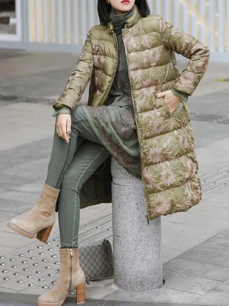 Female 2022 Warm New Feather Winter New in Medium Long Puffer Coats Knee Length Printed Zipper Hooded Goose Down Jacket Women