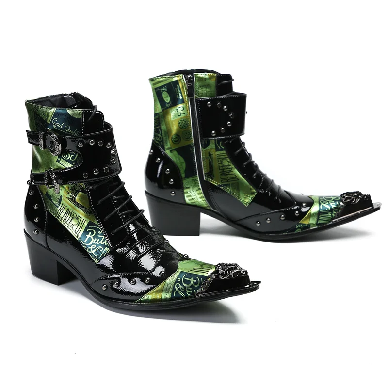 Dark Green Stitched Genuine Leather Ankle Boots for Men Metal Buckle Square Toe High Heel Fashionable Chelseas New Men's Shoes