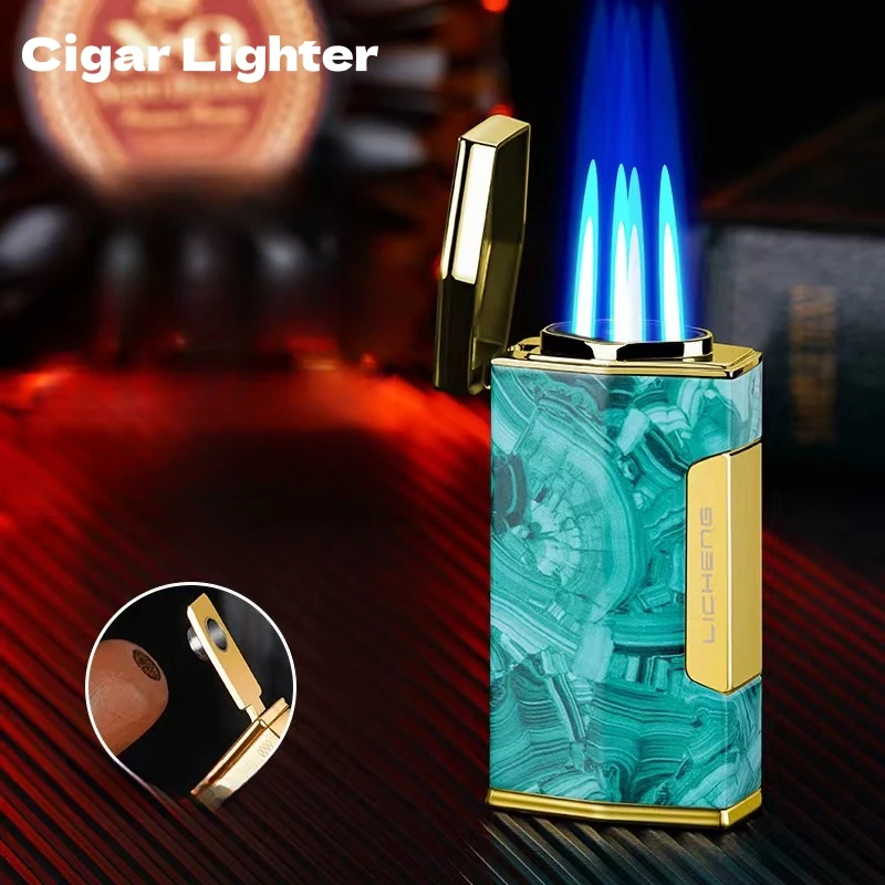 Metal Four Strong Jet Flames Butane Gas Lighter Large Capacity Transparent Visible Window Sharp Cigar Knife Cigar Lighter Gadget