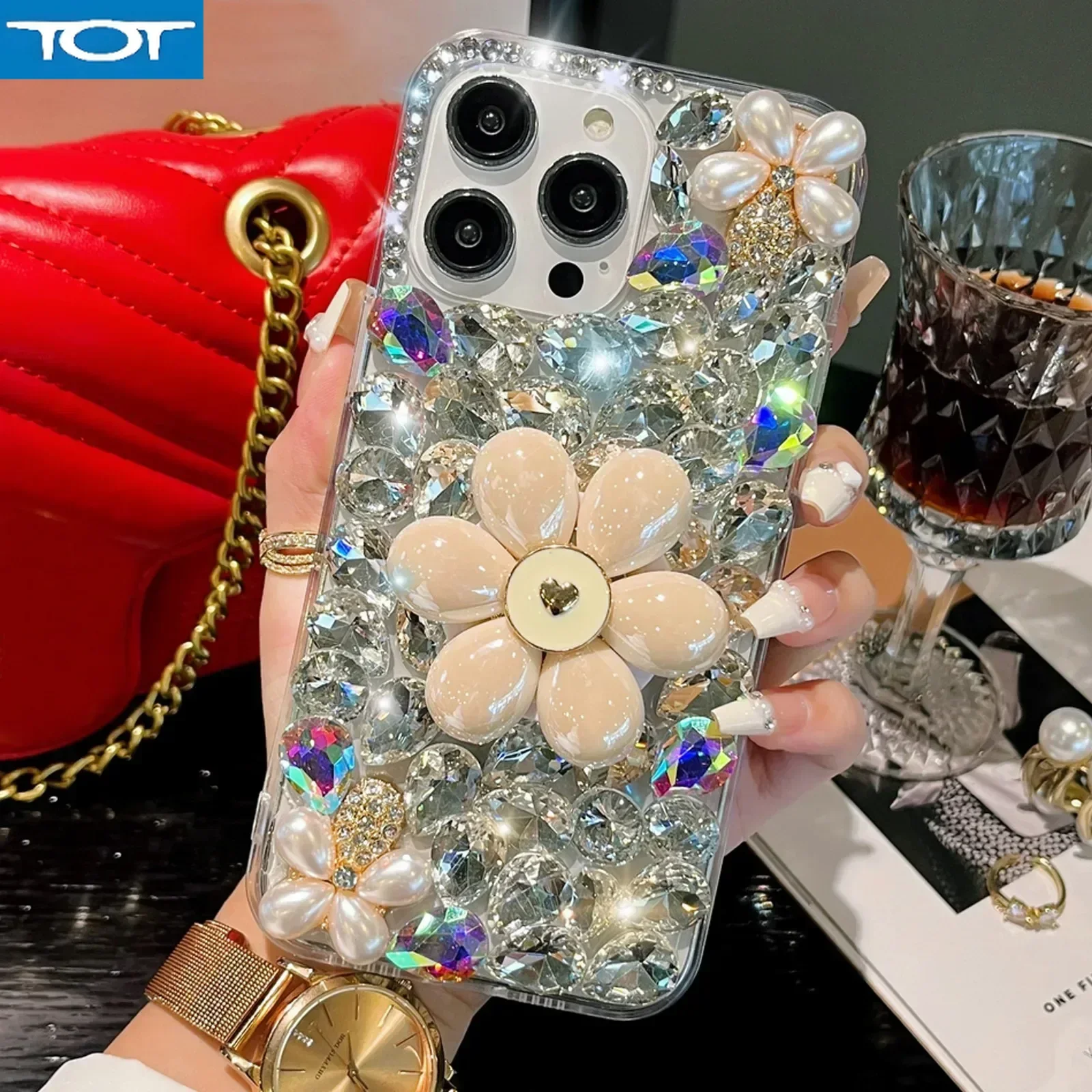 

Luxury Fashion Sparkling Crystal Pearl Flower Diamond Phone Case Cover For iPhone 15 14 13 12 11 Mini Pro Max XR XS X 7 8 Plus