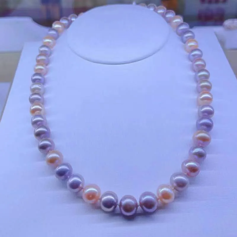 

Luxury 17"10-14mm Genuine gold pink Purple Lavender Round Pearl Necklace for Men Women Jewelry Wedding Party 925 Sterling Silver