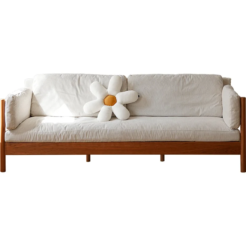 

Japanese-style small apartment full solid wood sofa, retro corduroy fabric, three people, sofa cherry wood furniture