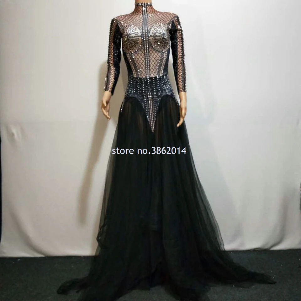 New Glisten Long Sleeve Rhinestone Black Voile Long Dress Women Nightclub Performance Outfit Graceful Evening Prom Party Dresses