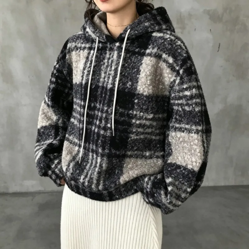 2026 New Women's Autumn And Winter Hoodie Hooded Plaid Contrasting Color Fashion Comfortable Lazy Street Style Versatile Hoodie