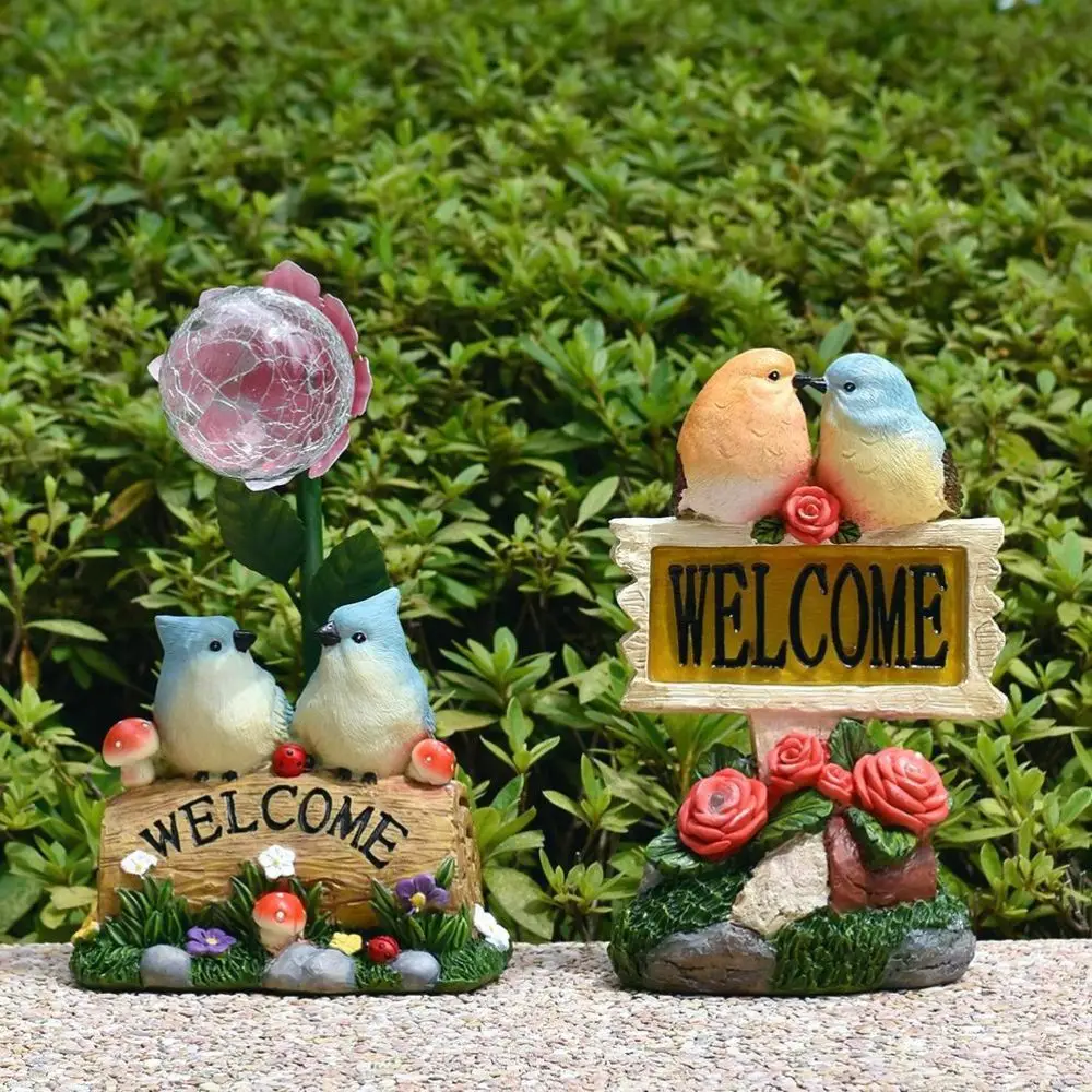 Solar Powered Garden Welcome Sign Warm Light Durable Resin Bird Figurine No Wiring Needed Creative Design Solar Resin Craft