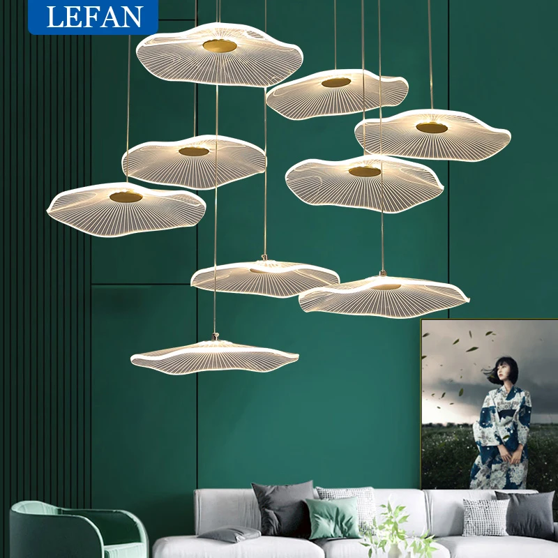 

Moden Nordic Lotus Leaf acrylic LED Chandelier Restaurant Villa Creative Staircase Living room Hotel Lobby Pendant Lights