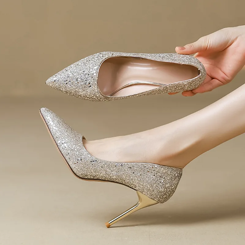

Gold Crystal High Heels Women's New 2025 Sparkling Comfortable Pointed Toe Single Shoes Bride Main Wedding Shoes Fashionable