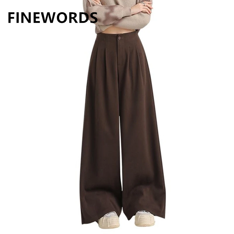 FINEWORDS خمر عارضة عالية الخصر مكتب السراويل النساء أنيقة فضفاضة الصوفية بانت Easymatch كامل طول السراويل واسعة الساق