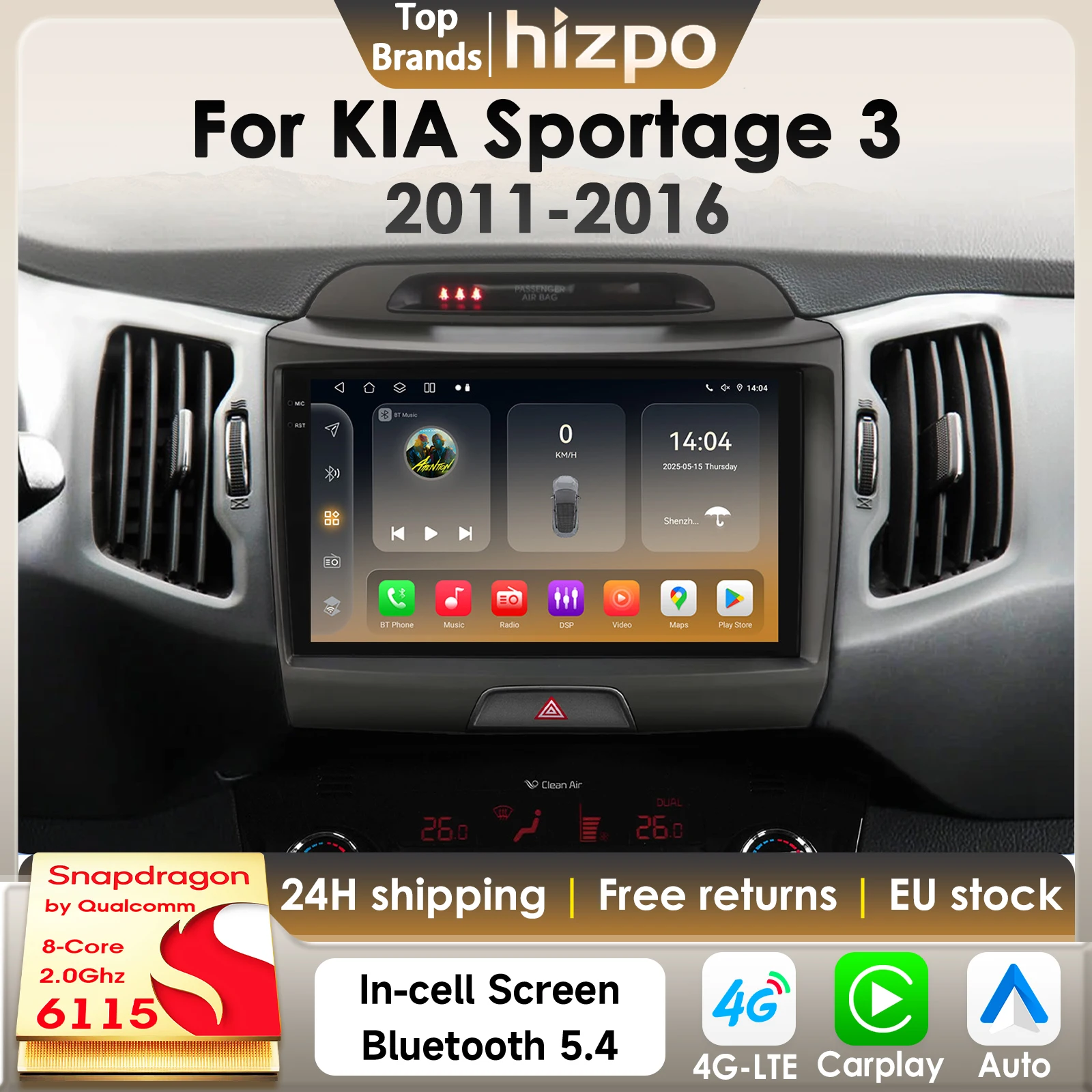 Hizpo Autoradio Android 14 2Din per KIA Sportage 3 2011-2016 con AI, Video, GPS, 4G-LTE, WIFI, DSP e Telecamera 360 6115