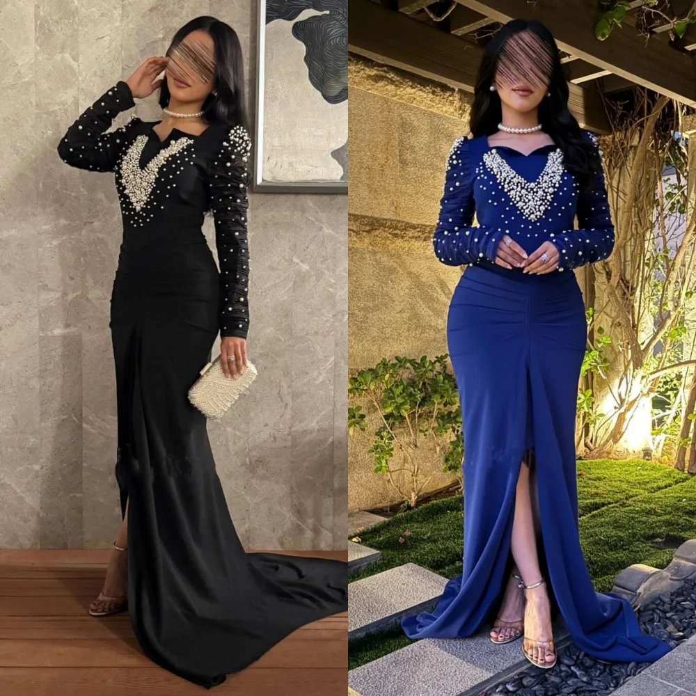 

Customized Sparkle Jersey Pleat Trumpet Square Neck Long Dresses Bespoke Occasion Evening Exquisite Formal