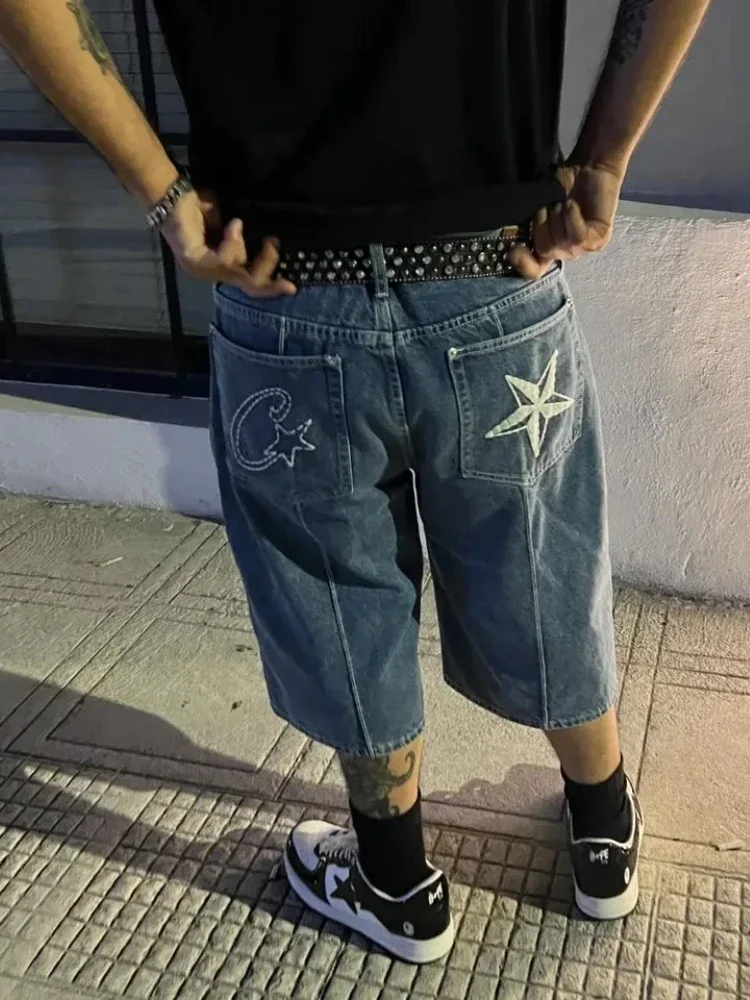 HOUZHOU Vintage Star Embroidered Jorts Y2k Hip-hop Oversized Stitching Washed Street Trend Retro Fashion Short Jeans High Street