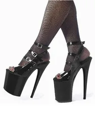 Black Peep Toe Pole Dance Peep Toe High Stripper Heels Gothic Belt Buckle Platform Sandals Sexy Women Shoes 20cm Big Size Exotic