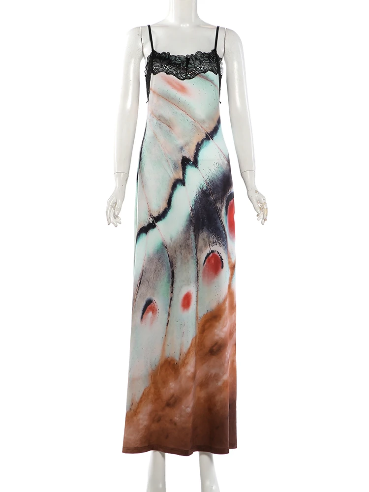 Weird Puss Art Print Sling-Kleid, Damen, Spitze, Patchwork, tiefer Ausschnitt, rückenfrei, hohe Taille, Robe, Midnight Club Party, modisch, langes, figurbetontes Kleid – Detail 2