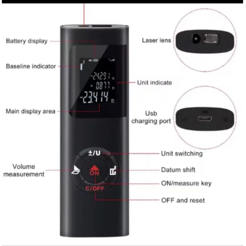 40M/60M Mini Smart Laser Distance Meter Measure Infrared Rangefinder USB Rechargeable Portable Handheld Laser Range Finder Tools