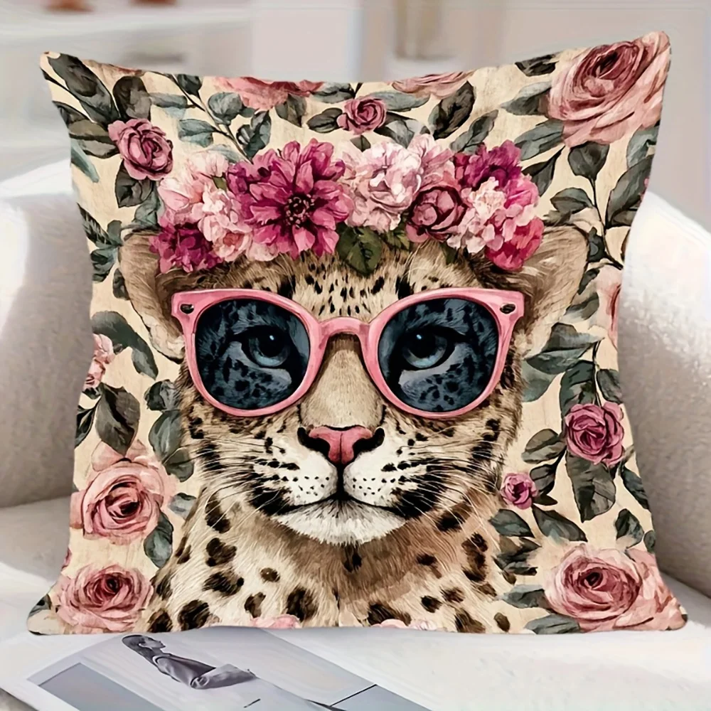1pc Vintage Floral Leopard Throw Pillow Cover with Pink Sunglasses Flower Crown Cute Wild Cat Cushion Case for Home Decor