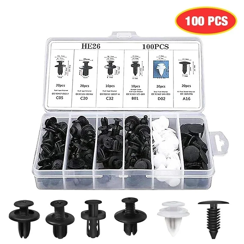 100 Pcs Auto Fastener Clip Kit Fender Rivet Clips Auto Body Push Retainer Pin Rivet Bumper Door Trim Panel Retainer Repair Set