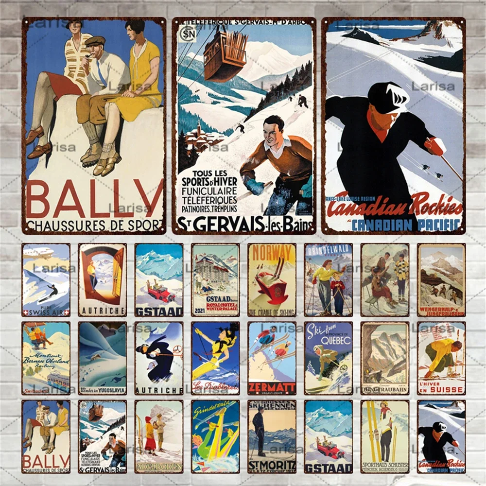 Skiing Sign Vintage Metal Poster Tin Sign Snow Mountain Retro Wall Decorative Plates for Living Room Bedroom Gift Painting