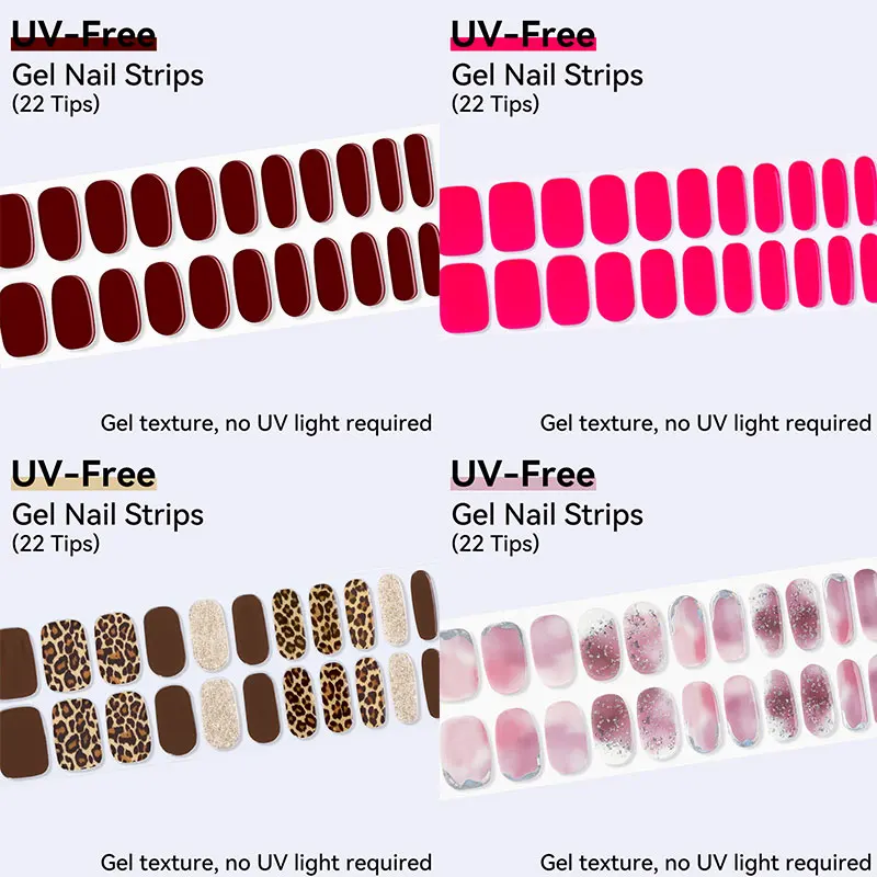 UV FREE Gel Nail Strips 22 Tips Self Adhesive Gel Nail Stickers DIY Manicure Decoration Dipped Effect Glitter Brown Solid Color