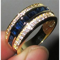 Classic Gold Color Inlaid with Deep Blue Stones Ring Luxury Shine Party Wedding Engagement Rings for Women Men Fashion Jewelry