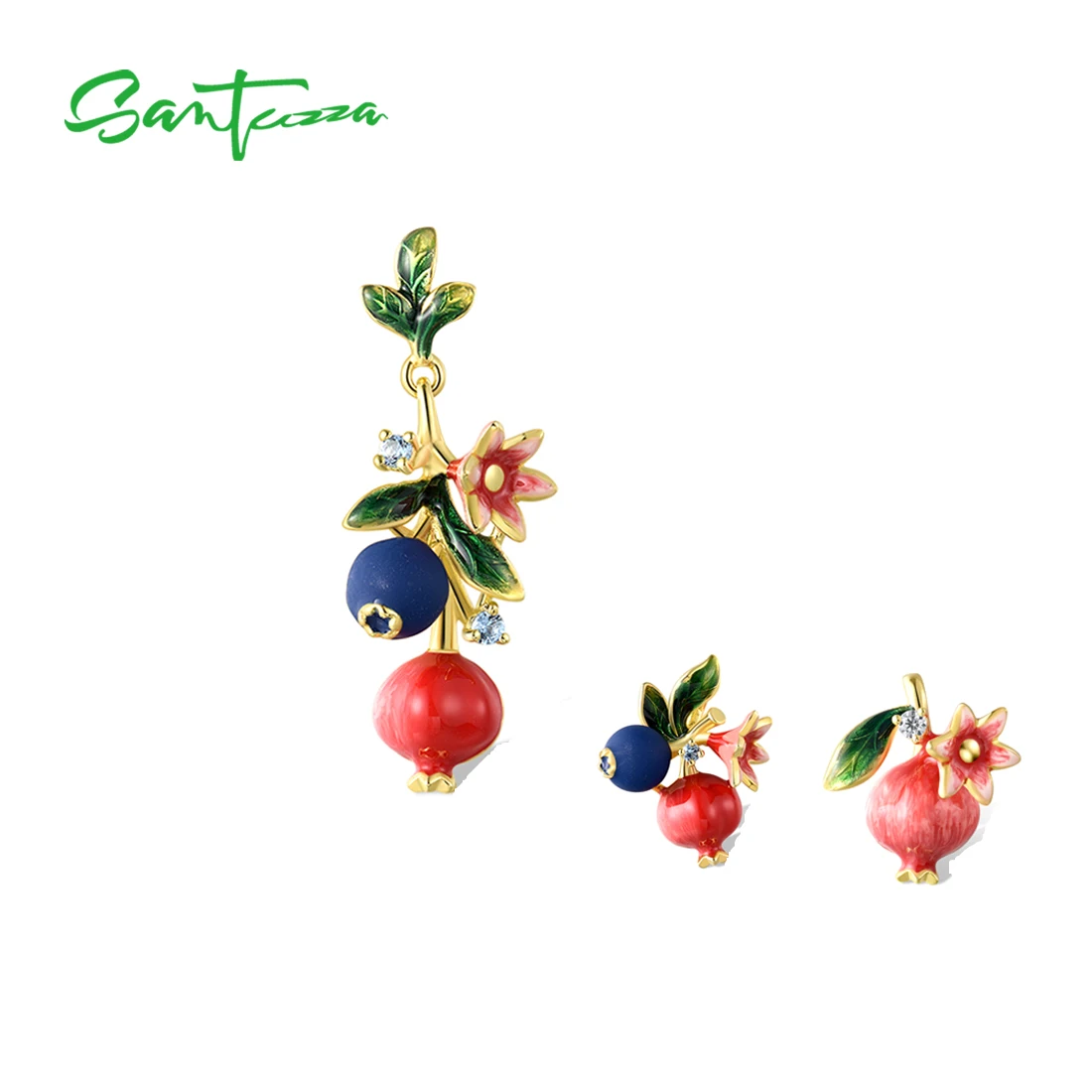 

SANTUZZA Pure 925 Sterling Silver Fruit Pendant for Women Delicate Blueberries & Pomegranate Trendy Party Fine Jewelry Enamel