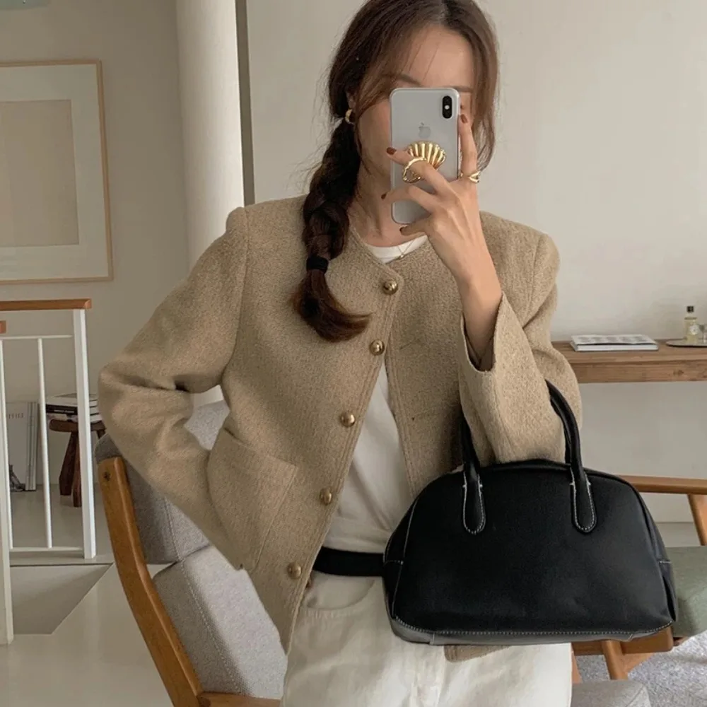 Vintage England Style Single Breasted Jacket Coat round Collar Short Outerwear for Women Spring Autumn Female Blazer