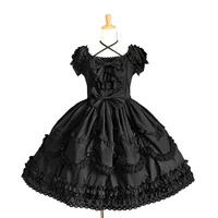 Sweet Women Lolita Princess Cosplay Prom Lace Dress Short Sleeves Halter Neck Ball Dance JSK Outfit Bow Tie Layer Maid Costume 3
