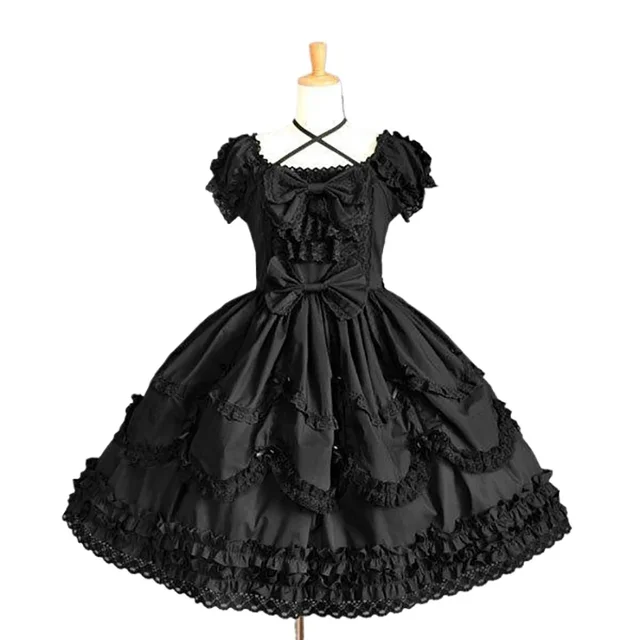 Sweet Women Lolita Princess Cosplay Prom Lace Dress Short Sleeves Halter Neck Ball Dance JSK Outfit Bow Tie Layer Maid Costume 3