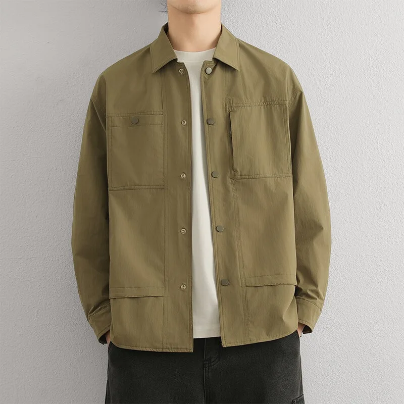 

Spring Autumn Men Coat Vintage Turn Down Collar Single-breasted Male Jacket Thin Long Sleeve Pocket Breathable Man Outerwear