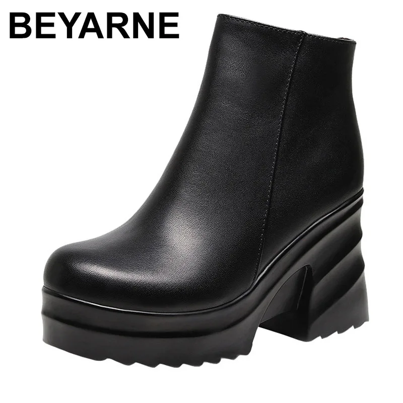 

Women Genuine Leather Boots Autumn Winter Warm Platform Height Increasing 9cm High Heel Retro Casual Ankle Boots
