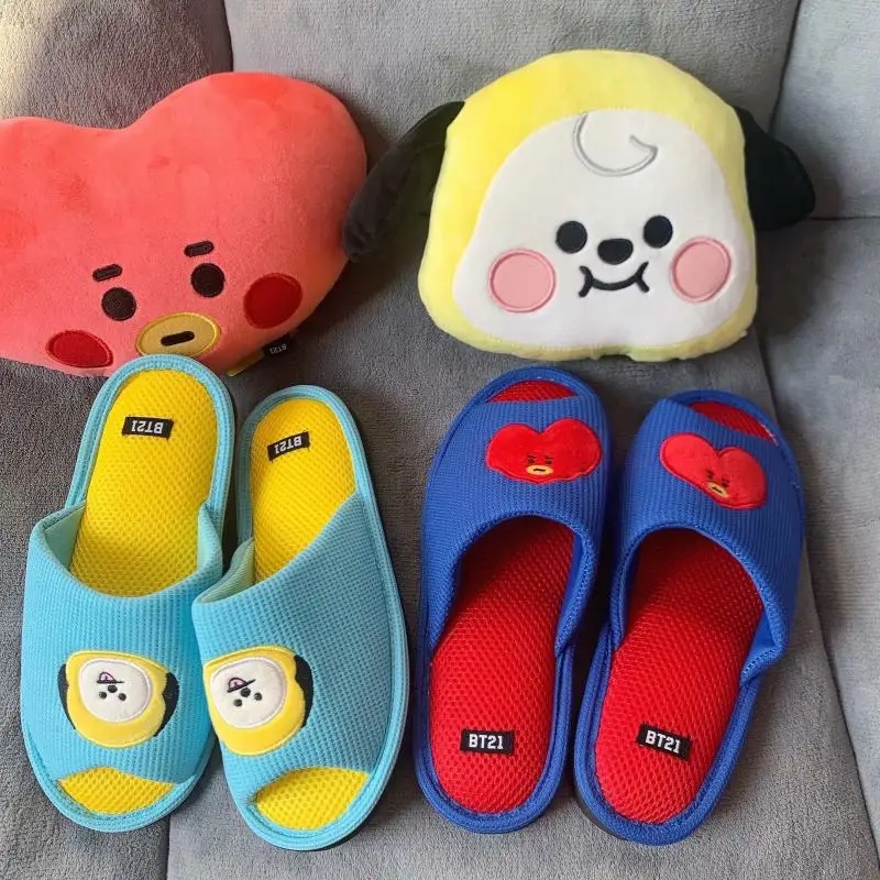 Kawaii Bt21 Anime Peripheral Shooky Cooky Chimmy Mesh Anti-Slip Home Shoes Cute Girls Y2K Autumn Comfortable Cotton Slippers