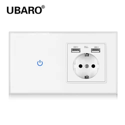 UBARO EU UK Standard Tempered Crystal Glass Sensor Button Wall Panel Light Touch Switch With USB Socket Electrical Power Outlet