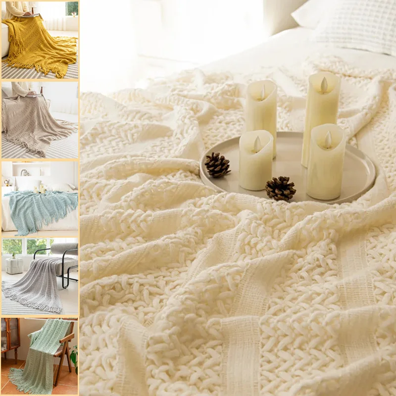 2025 Premium Luxury Knitted Sofa Blanket Geometric Twisted Flower Design Tassel Couch Throw Blanket Sofa Covers for Living Room
