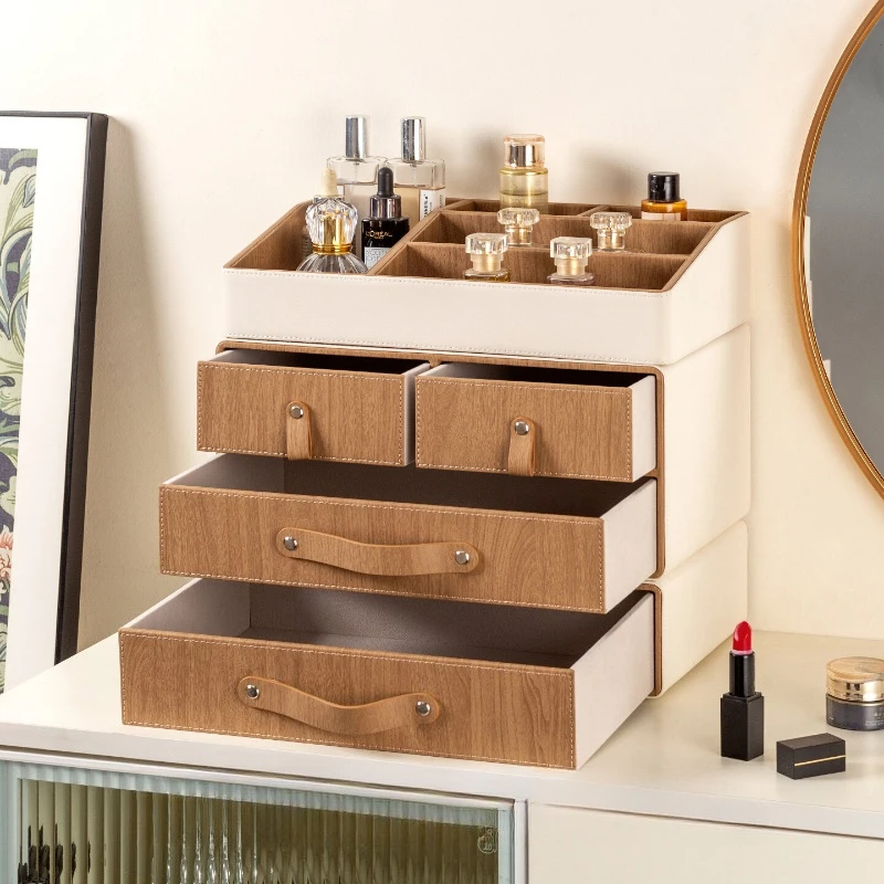 Cream Style Leather Drawer Storage Box Dustproof Cosmetic Organizer Desktop Jewelry Holder Multi-function Dresser Storage Case