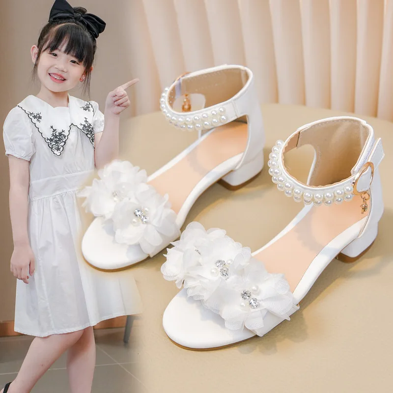 Pink White Fairy Lace Flower Sandal kid Girl Low Heel Ankle Strap Glitter Dance Pumps Child Square Toe Bling Wedding Party Shoe