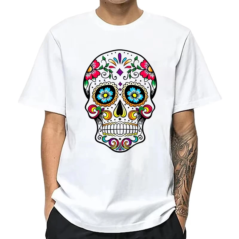 Plus Size Men Oversized T‑Shirt Colorful Sugar Skull Day Of The Dead Chest Print Casual Streetwear Short Sleeve Tee Tops