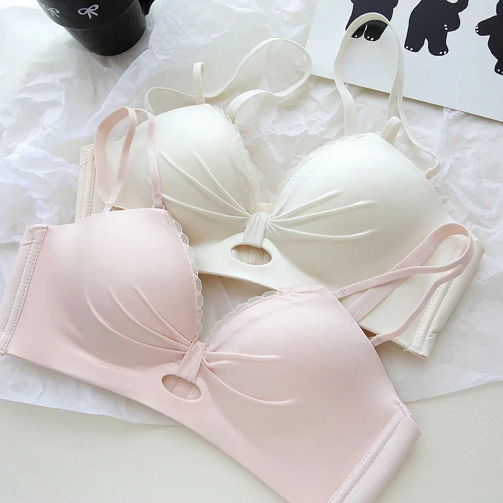 

Полое кружевное милое нижнее белье для девочек, расшитое бисером, маленькая грудь, собранное, поддерживающее нижнее белье, немаркирующий комплект с тонкой чашкой, бюстгальтер