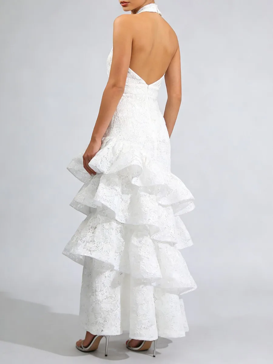 Vestidos Minimalistas Sexy com Renda em Camadas para Mulheres, Halter, Sem Mangas, Costas Descobertas, Vestido com Pregas e Ruffles Feminino 2026