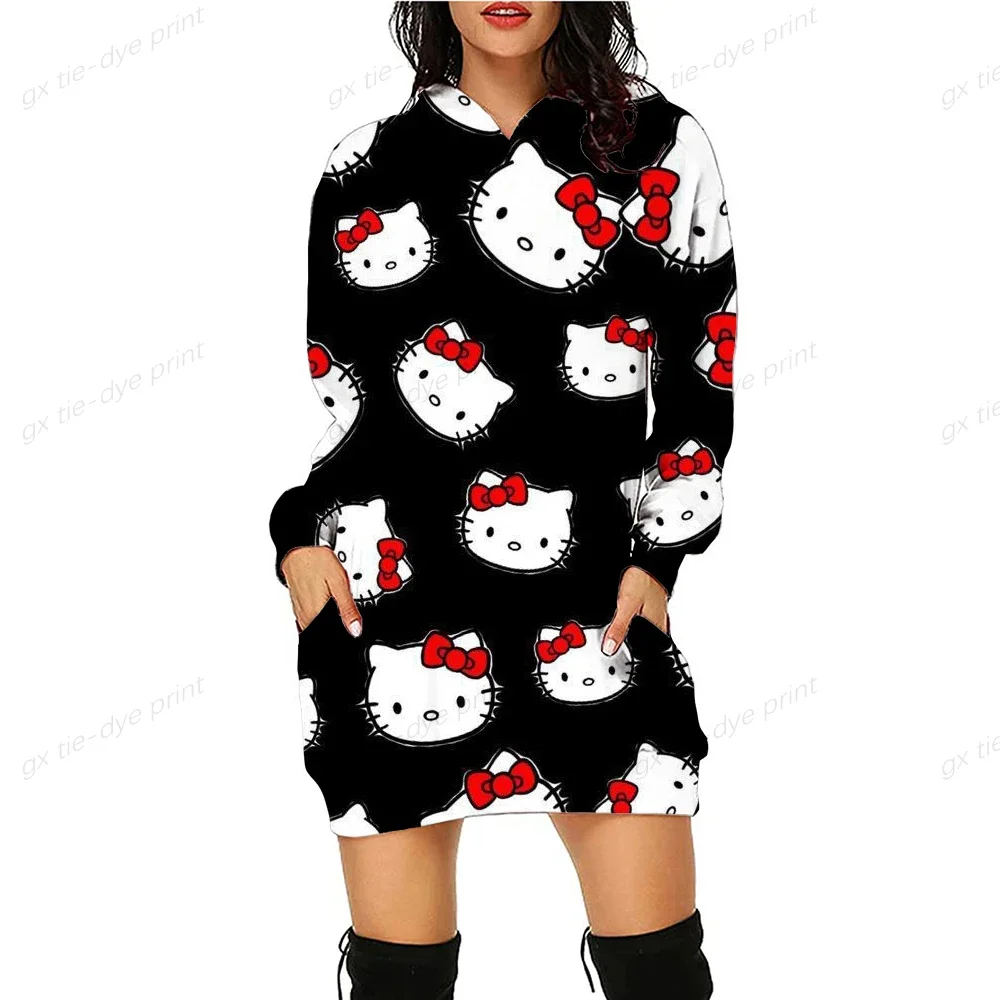 2023 Autumn Oversized Hoodie printing Hooded Casual Hoodies Women Sweatshirt HELLO KITTY Loose casual street brand Hoody Dress