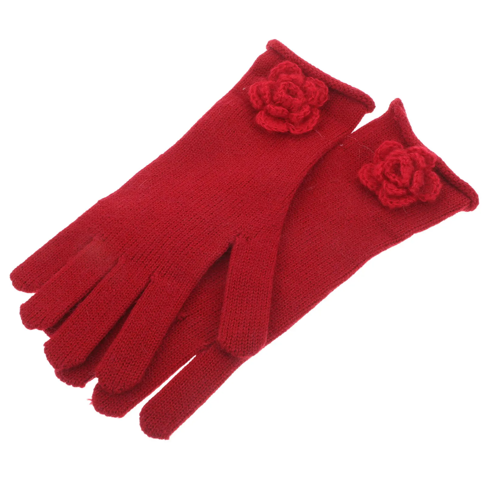 1Pair Handmade Knitted Gloves Women Winter Warm Cold Resistant Fingerless Touchscreen Cycling Gloves Floral Warm Mittens