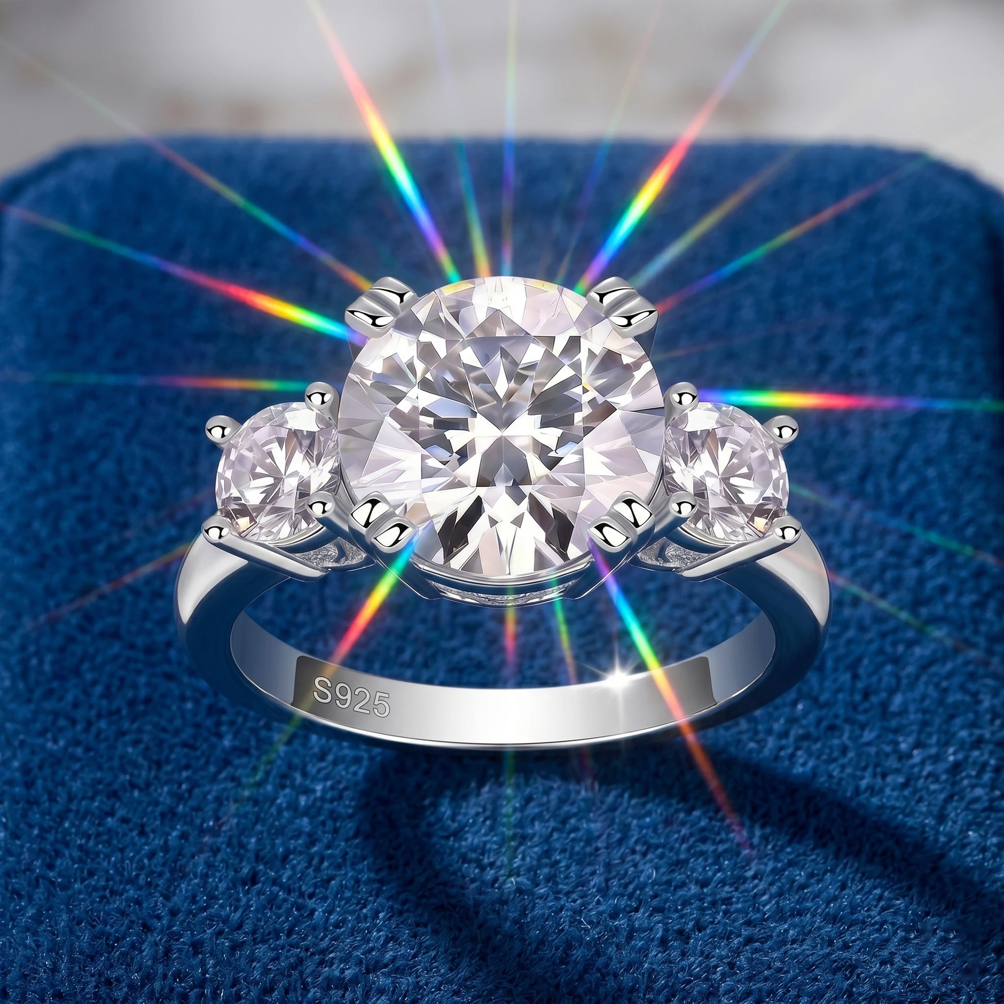 Round Moissanite Ring, 925 Silver, D Color VVS1, 5ct Classic Three Stone Engagement, Women's, Pass Diamond Tester