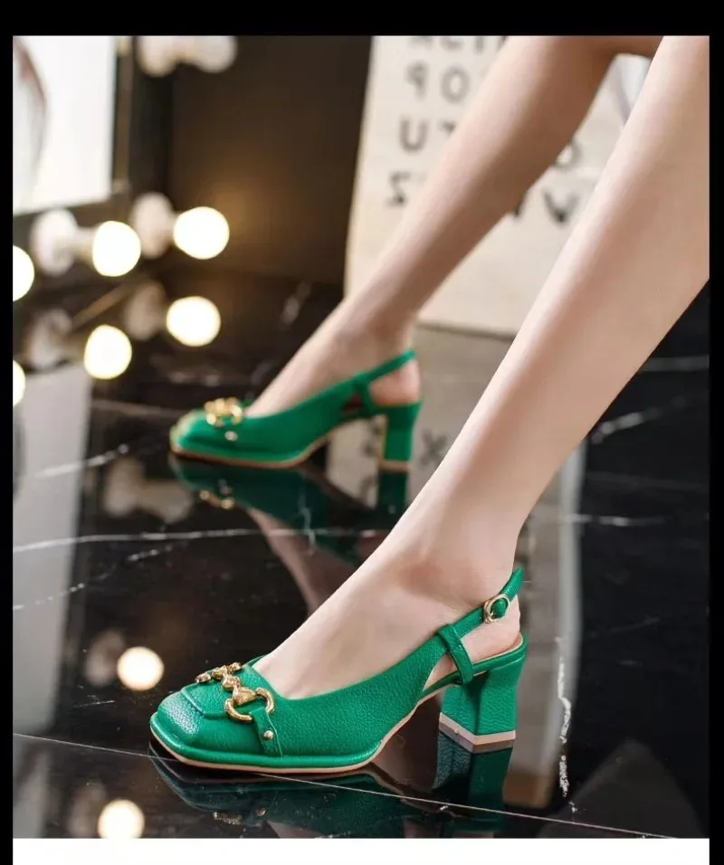 Women\'s Mid-heel 5.5CM 2024 Summer French Style Back Empty Female Thick Heel Square Toe Shoes Black Green