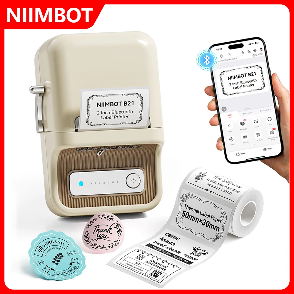 NIIMBOT B21 Label Maker 2 Inch Bluetooth Mini Thermal Label Printer Compatible With Mobile Phone & PC For Round Tag Stickers