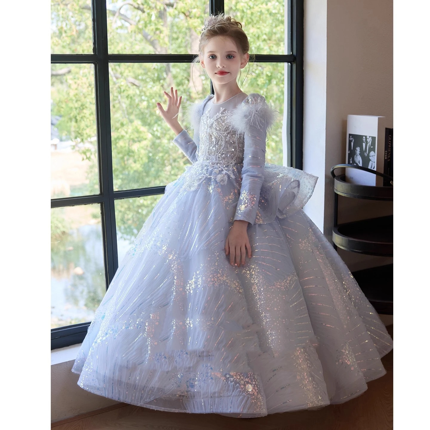 Robe de soirée princesse bleue à manches longues pour filles, en Tulle bouffant, défilé de mode, hôte de spectacle de Piano, spectacle formel