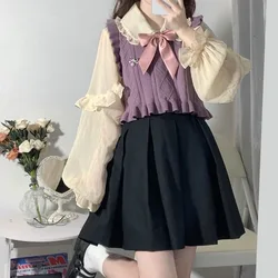 Hikigawa Chic Fashion Ruffled Patchwork Women Sweaters Vest + Bow Peter Pan Collar Long Sleeve Blouse New 2 Sets Ropa Mujer