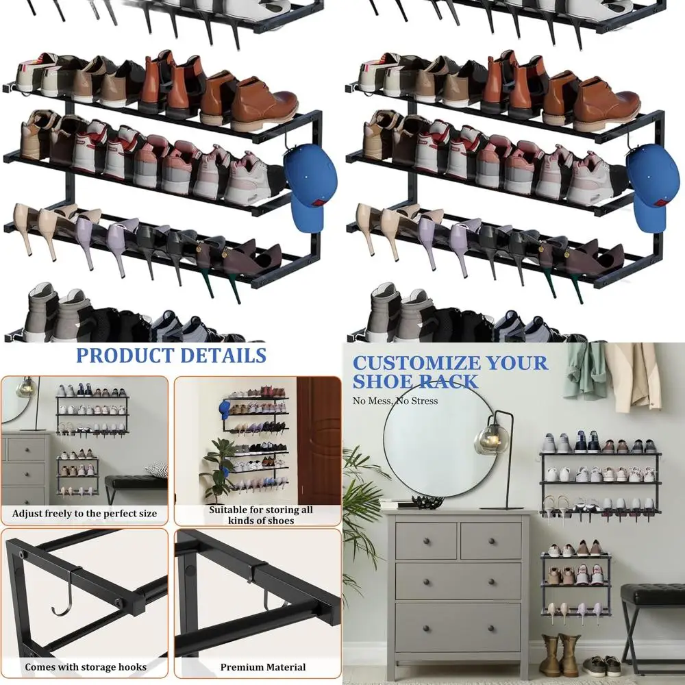 

3-Tier Adjustable Shoe Rack, Holds 36 Pairs, Metal Organizer with 6 Hooks, Space-Saving for Home (Black)