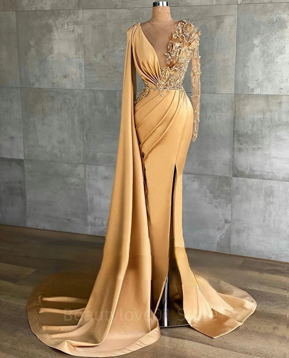 Karakou Algerien-Robe de soirée sirène en satin avec appliques, col en V, dentelle perlée, Galajurk, luxe, robe de Rh, le plus récent, 2023