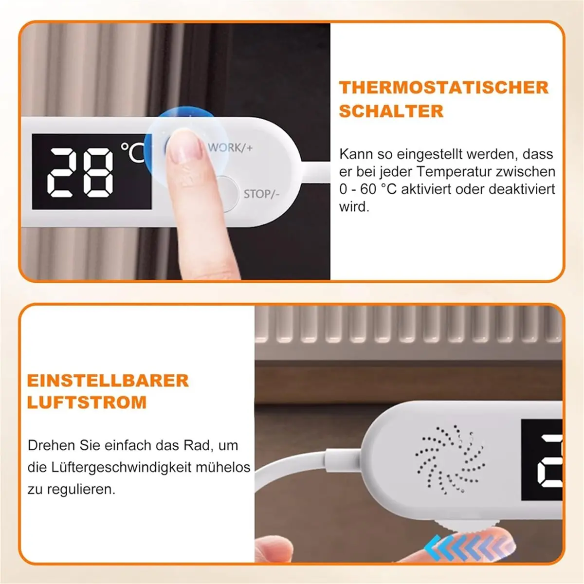 Radiator Fan with Thermostat Control, 3 Blades Smart Radiator Fan, Magnetic Mounting Radiator Amplifier EU Plug